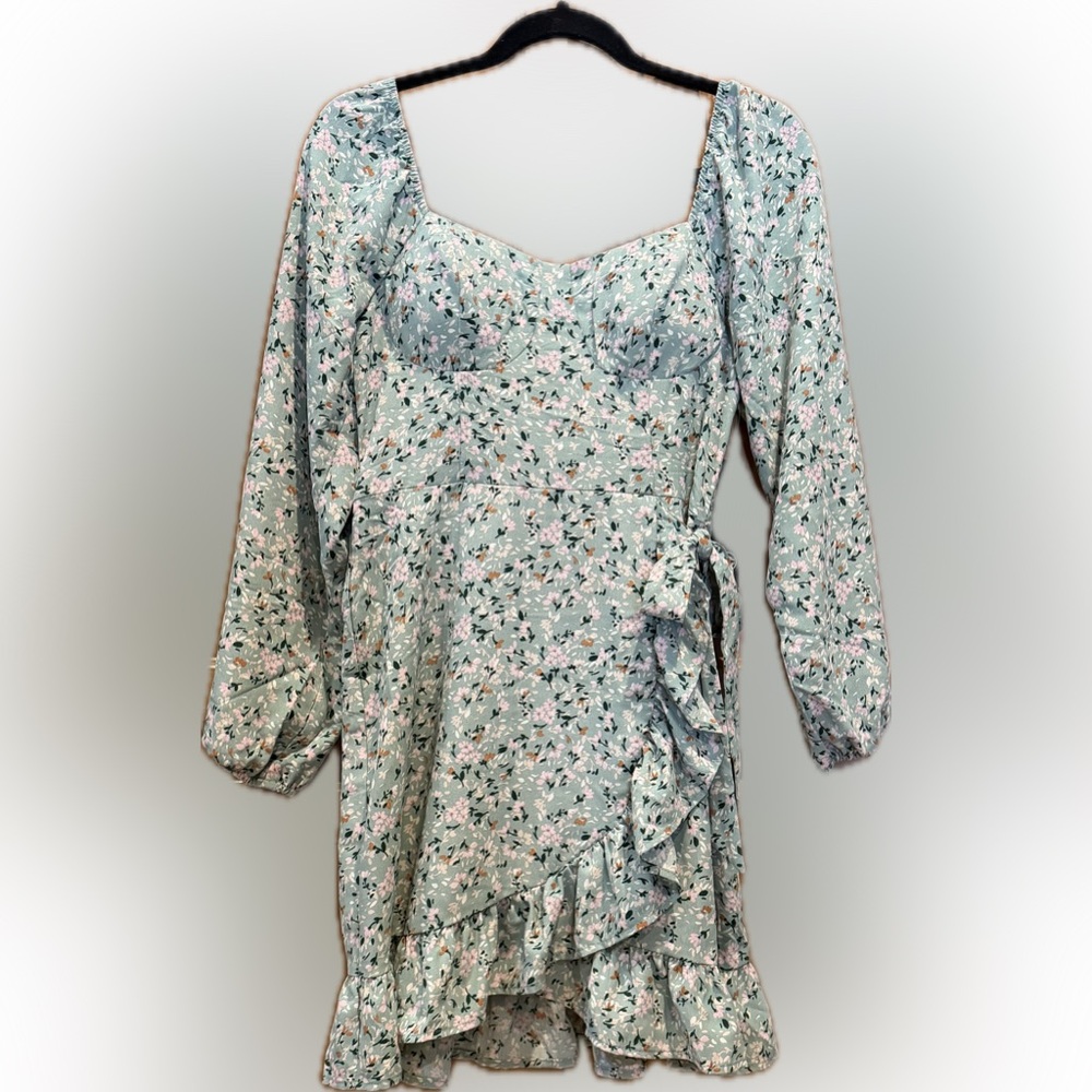 AS U WISH Sage Green Floral Wrap Dress Ruffle Hem Long Sleeve, Size M, NWT
